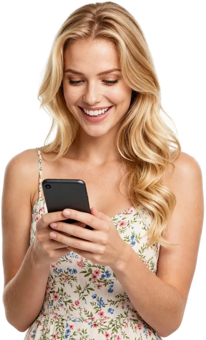 Smiling woman reading a text on her free government phone from Phone Government